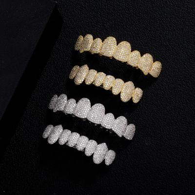 Luxury Gold Plated Top Bottom Teeth Grillz Set Cubic Zirconia Punk 8 Teeth Mouth Dental Grillz Body Jewelry