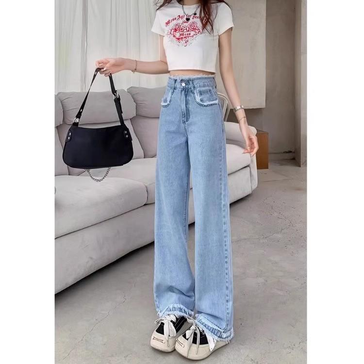 

Весенние белые джинсы с высокой посадкой, необработанным краем и прямыми штанинами для женщин, с модным американским дизайном XS (75-82 jin)