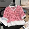 VONDA Women V Neck Short Sleeve Lace Crochet Patchwork Buttons Plaid Casual Blouse