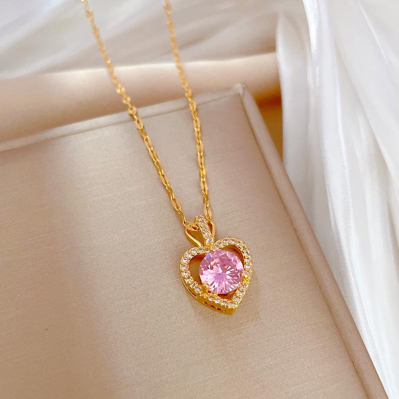 

ZAKOL 2024 New Romantic Pink Zircon Pendant Necklace Geometric Heart Shaped Flowers Titanium Steel Chain Choker Necklace Gift