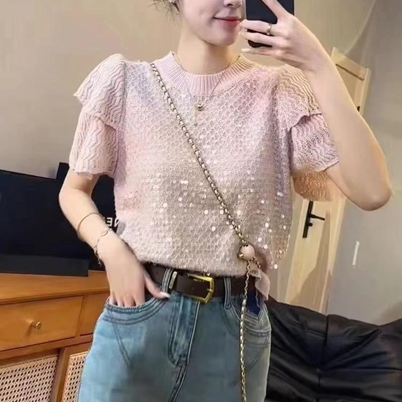 Dámské tričko s krátkým rukávem Flitry Pletené Módní Volný Top