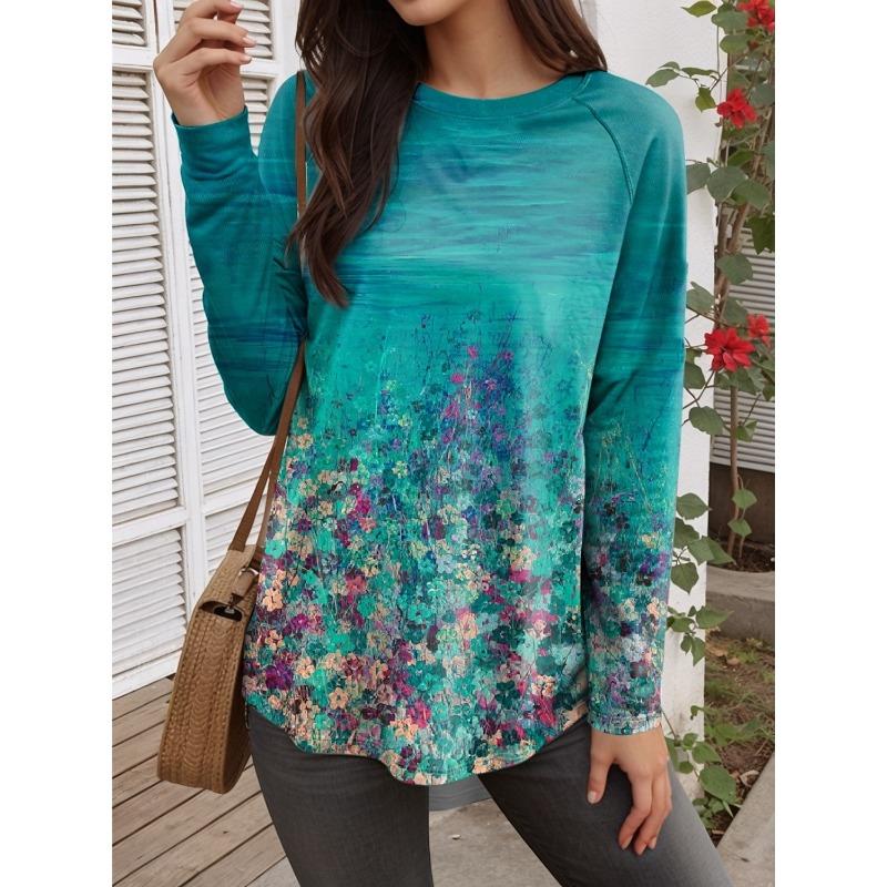 Sommer Mode Damen Blumen O-Ausschnitt Langarm T-Shirt Y2K Lässige Tops Damenbekleidung Harajuku Pullover