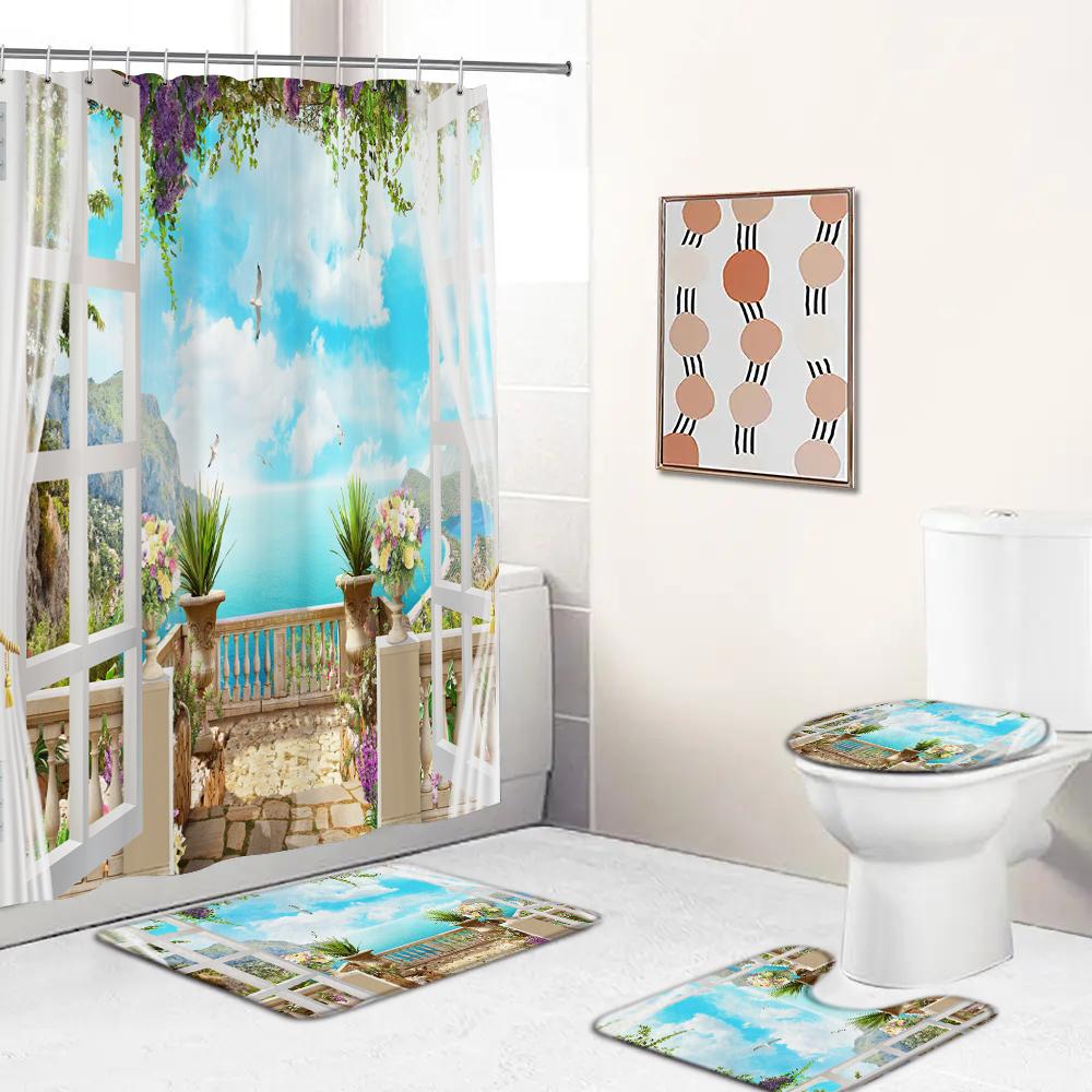 Beach Scenery Pattern Waterproof Polyester Bathroom Curtain With Hooks Anti-Slip Bath Carpet Mat Lid Toilet Cover Home Decor
