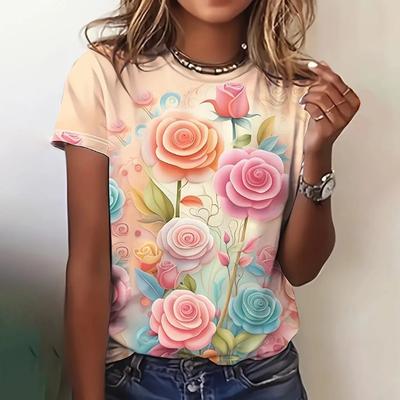 SommarMode Blomma Ros 3D-tryck T-shirts Dam Streetwear Casual Y2k Kortärmad T-shirt Rundhalsad T-shirts Toppar Kläder