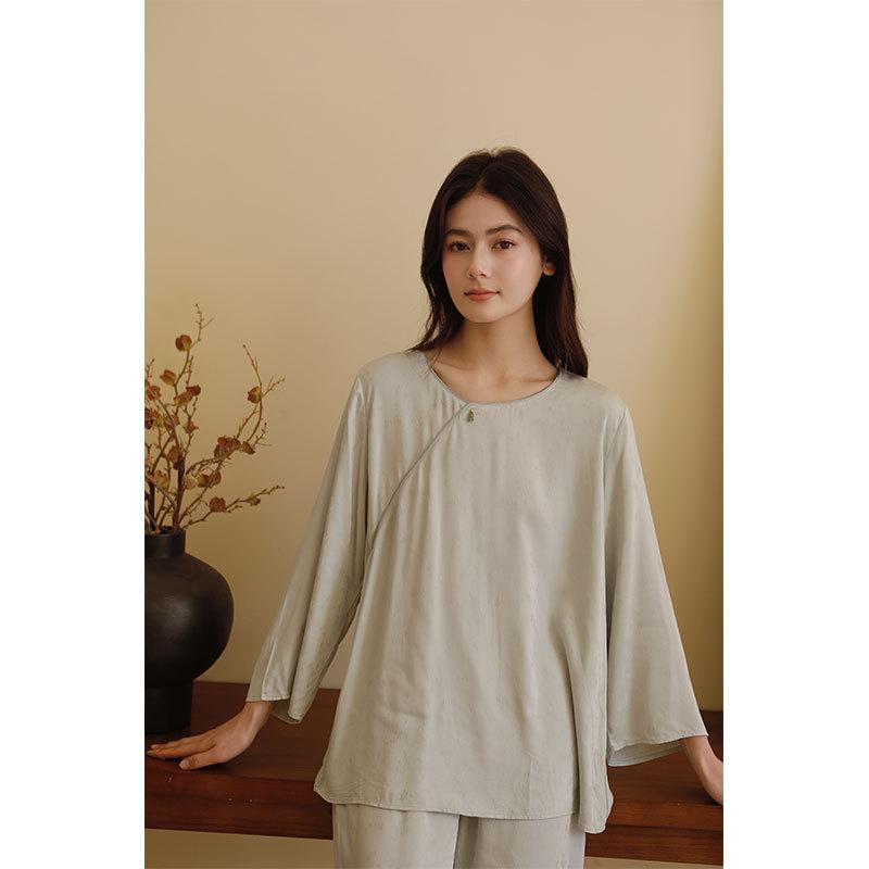 Spring new women's four seasons cotton satin solid color jacquard antique pullover pajamas set loungewear