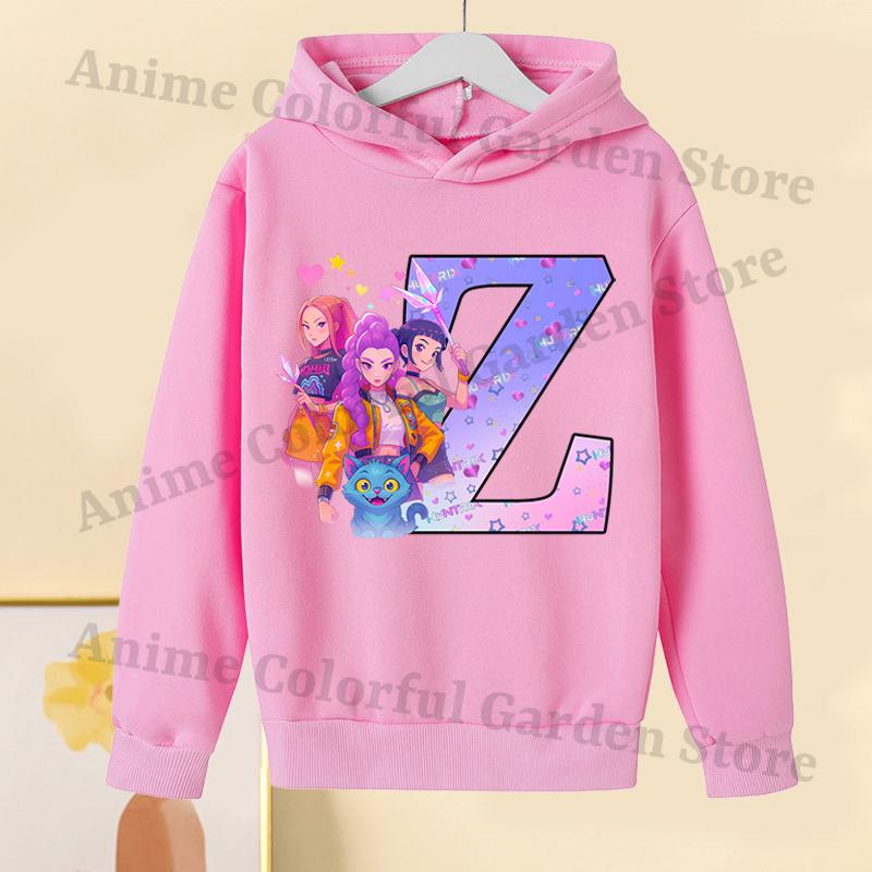 KPop Dämonenjäger Pinke Hoodies für Kinder Cartoon Buchstaben bedrucktes Kapuzensweatshirt Mädchen Herbstmode Hoodie Kinderkleidung