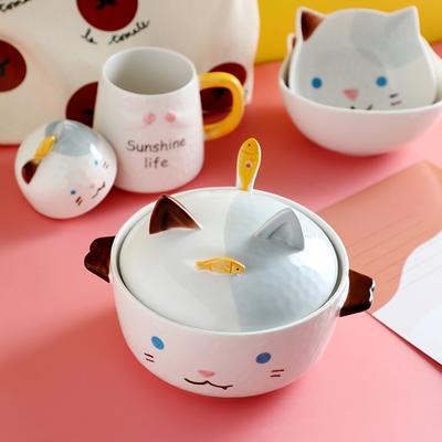 Seria kuchenna Urocza miska do instant noodles ze zwierzątkiem Duża pojemność Dwuszna ceramiczna miska do ryżu Miska do makaronu dla dzieci chroniąca przed poparzeniem Miska do zupy ryżowej