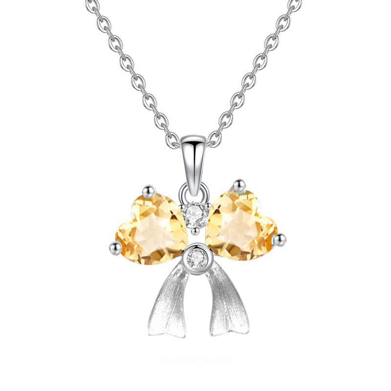 S925 Silver Bowknot Pendant Necklace with Natural Crystal, Love Heart Design