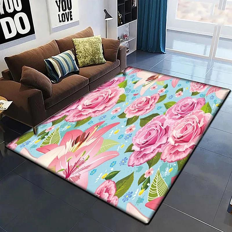 Rose Flower Print Carpet Living Room Rugs Anti-Slip Bedroom Bathroom Home Sofa Decor Floral Floor Mats Balcony Hallway Doormat