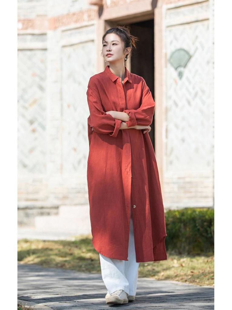 2026 Spring Women's Artistic Sand-Washed Cotton Linen Lapel Long Coat - Loose, Slimming Outerwear Cardigan