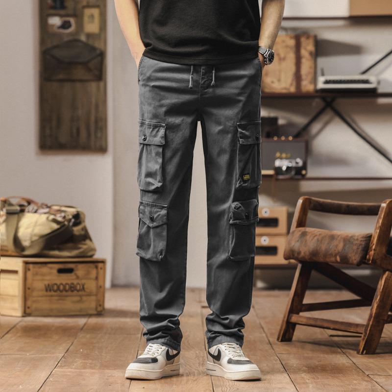 Men's Summer Men's Retro Overalls Washed Cotton Multi-bag Straight Solid Color Leggings Casual Pants