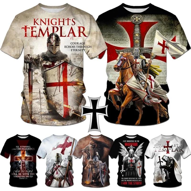 Summer Round Neck 3D Templar Knight Pattern Printed Top Fashionable Casual Short Sleeved Men's T-shirts