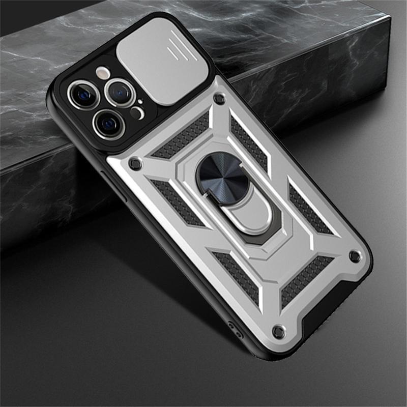 Luxury Slide Camera Lens Phone Case For iPhone 13 12 11 Pro Max X XR XS Max 8 7 6S 6 Plus Military Grade Shockproof Armor Finger Ring Stand Cover