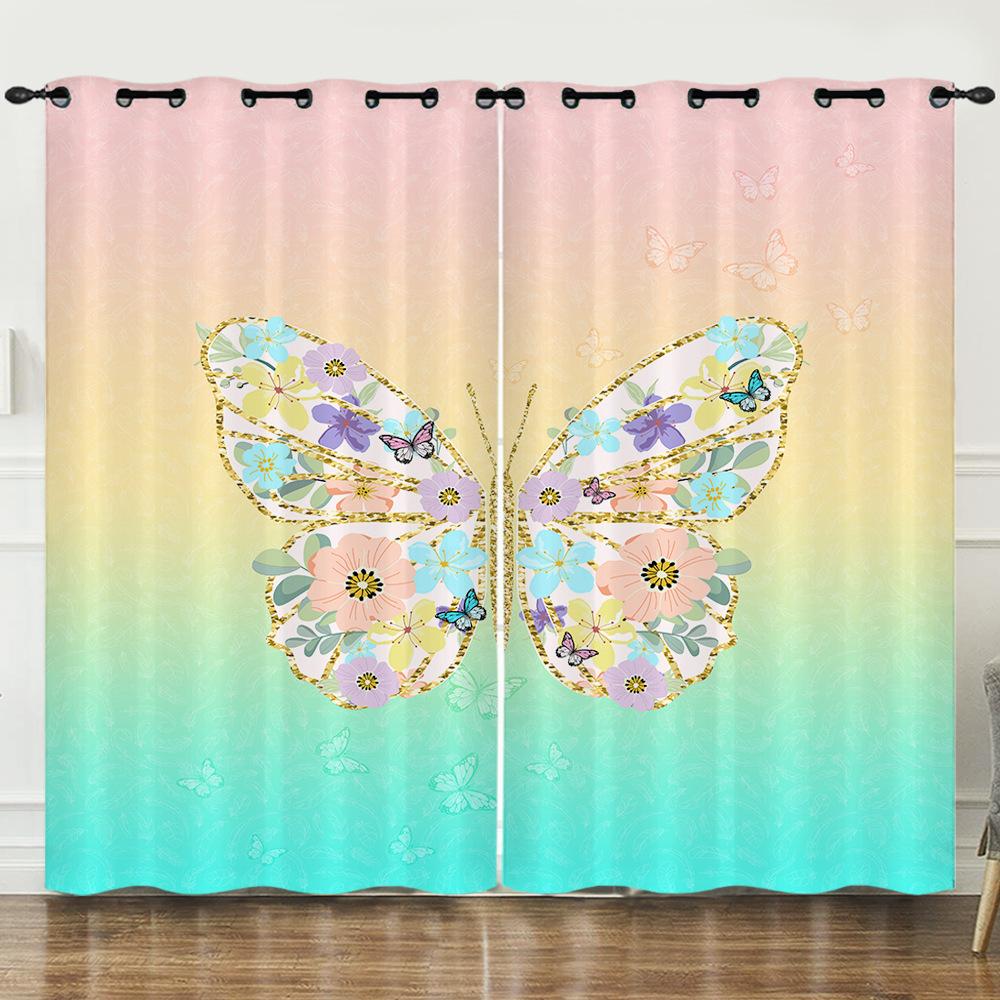Curtains Color Gradual Change Butterfly Sunshade Child Blackout Curtain Bedroom Without Punching European and American