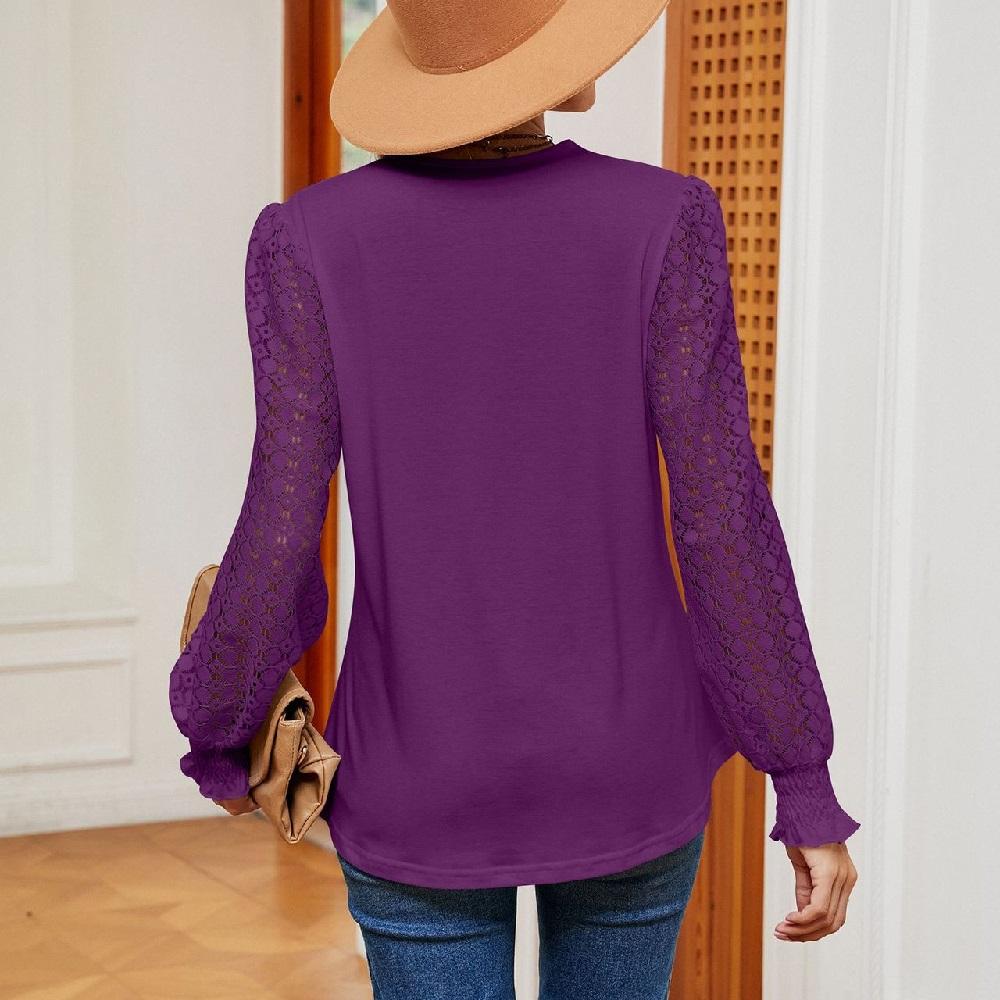 Women Autumn Spring Blouses and Shirts Lace Stitching V-neck Long Sleeve Casual Shirt Tops
