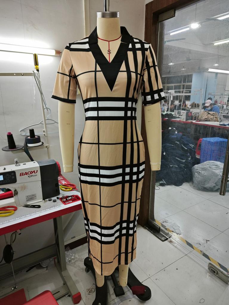 women's Plaid Print V Neck Long Sleeve Bodycon Midi Dress Slim Fitted Pencil Dress With Matching Belt