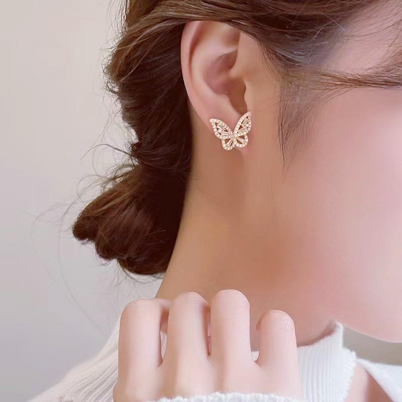 925 Silver Butterfly Diamond Stud Earrings - Korean Cold Style for Women