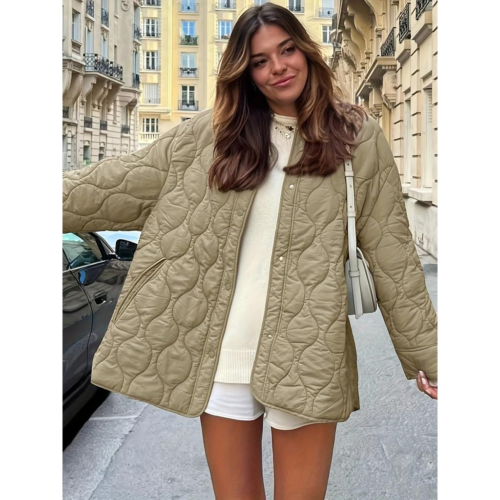 Autumn and Winter Style Quilted Thread Decoration Simple Solid Color Round Neck Loose Cotton Coat