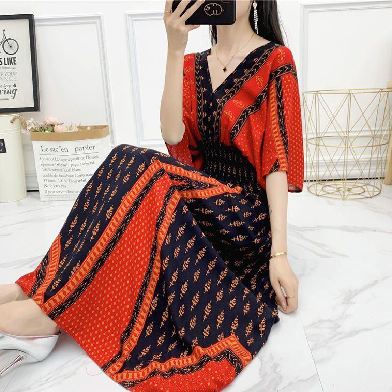 Ethnic Style V-neck Cotton and Silk Short-sleeved Beach Dress Thailand Travel Dress Summer Print Vacation Floral Skirt