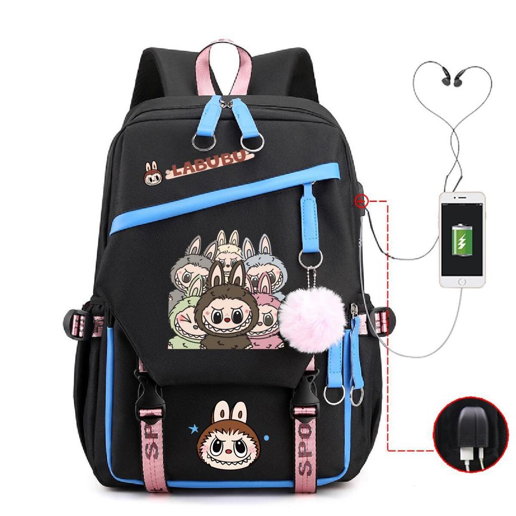 Labubu printed student schoolbag multi-function large capacity backpack with USB port