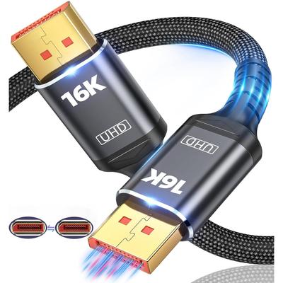 VESA-zertifiziertes 16K DisplayPort-Kabel 2.1 (DP 2.1) mit Unterstützung für 16K@60Hz und 8K@120Hz, 80 Gbit/s HDR, HDCP und DSC 1.2a. Kompatibel mit G-Sync-Gaming-Monitoren wie der GTX 4090 und der GTX 7900 XTX.