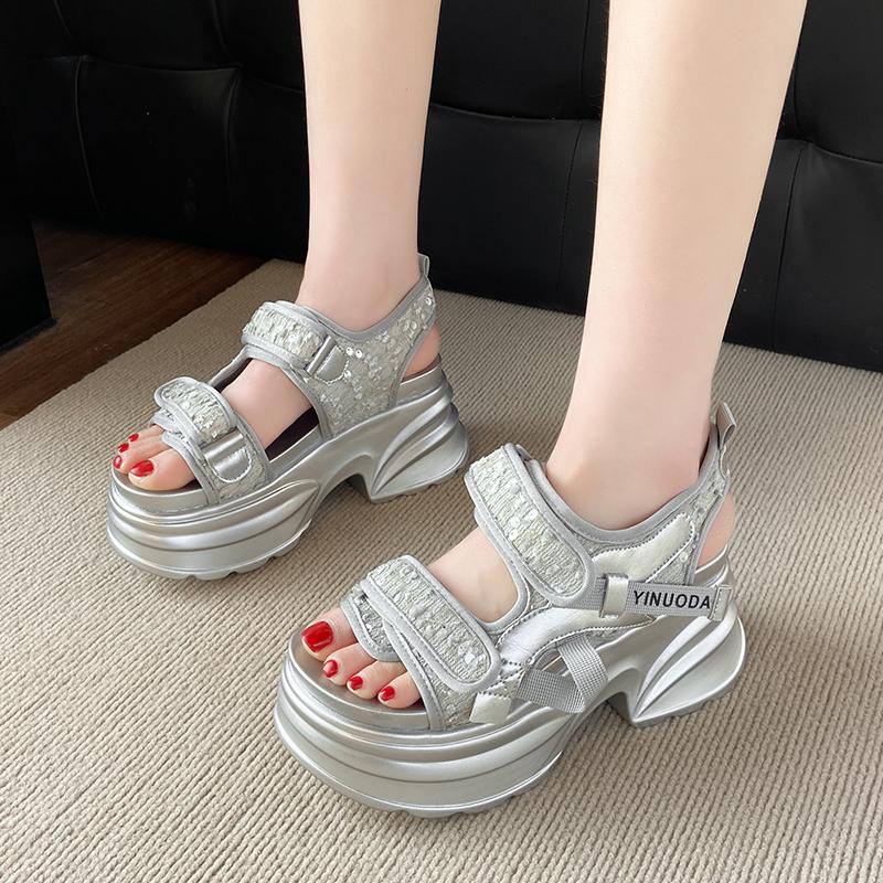 Fashion 8CM Chunky Platform Sandals Women 2025 New Summer Bling High Heels Sandals Woman Beach Casual Slides Thick Sole Walking Slippers