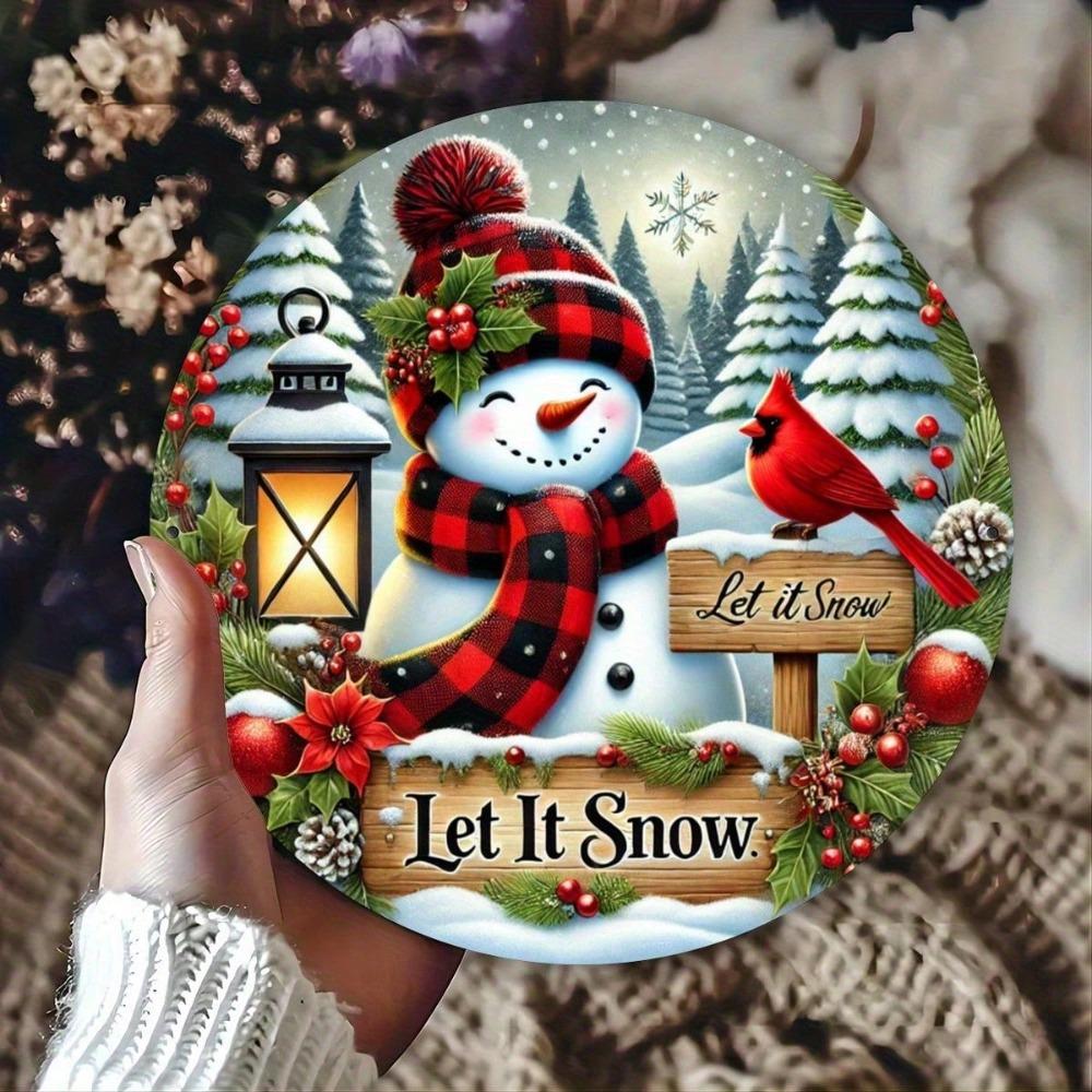 Vintage Eisen Weihnachtswandkunst Runder Kranzschild Schneemann Kardinal Feiertagsdekoration