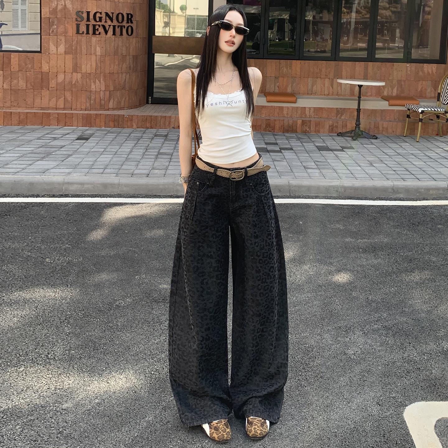 Women s Dark Leopard Print High-Waisted Wide-Leg Jeans - 2026 Spring Slimming Floor-Length Style Small