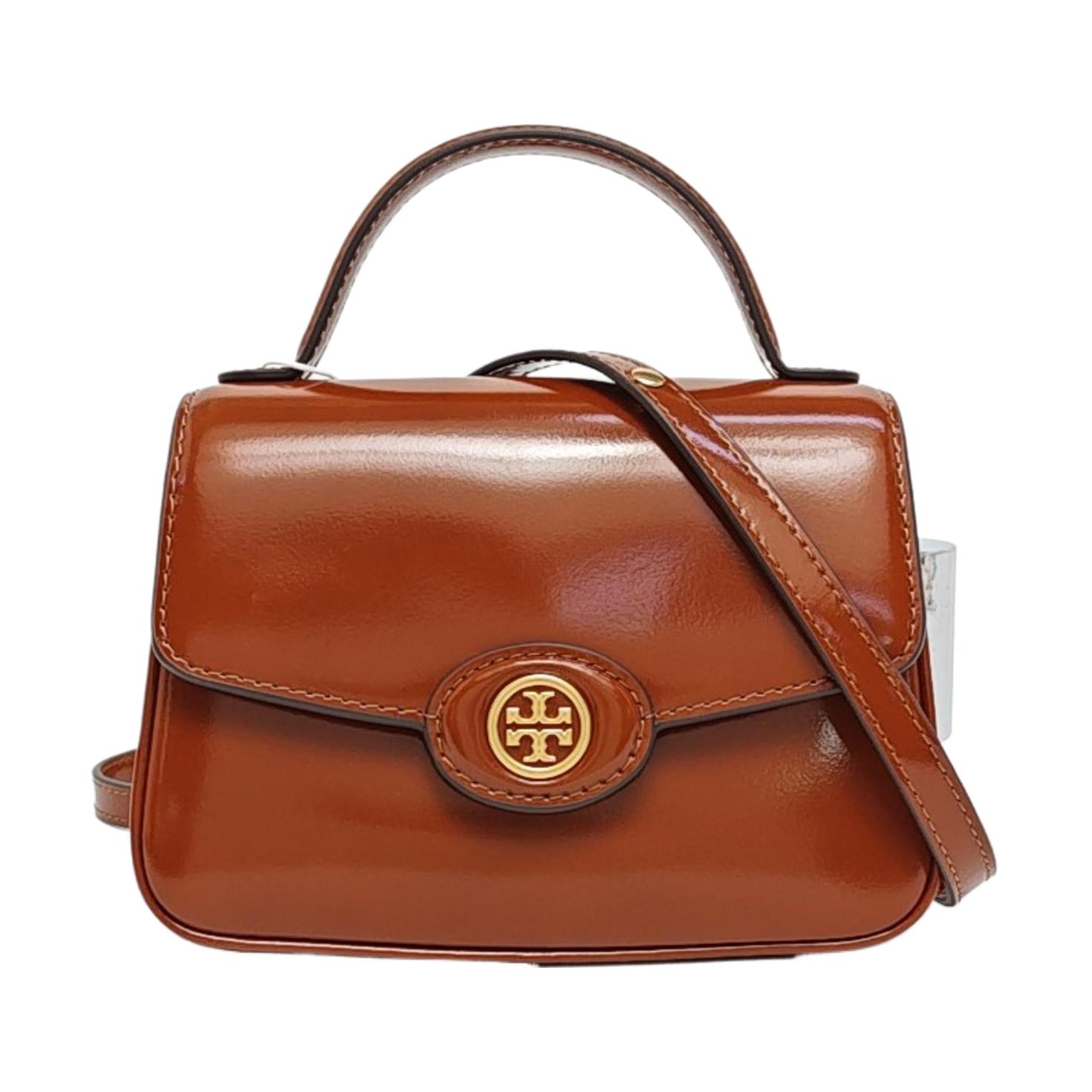 [Pre-Owned] Robinson Gold Double T Logo Smooth Flap Removable Shoulder Strap Patent Leather Shoulder Crossbody Handbag Small - Excellent #15IN877 ONE SIZE