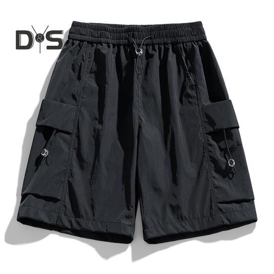 Pantaloni scurți pentru bărbați, cu talie elastică și șnur reglabil, sport, cu buzunare multiple, culoare solidă, croială lejeră, pantaloni scurți casual