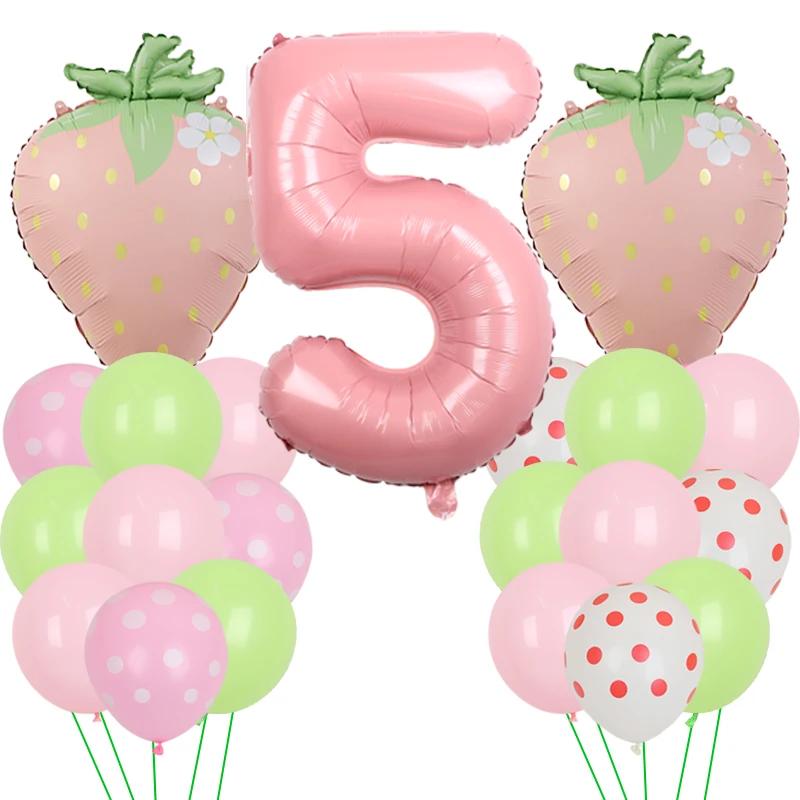 Fruit Strawberry Flower Foil Balloons with 40inch Pink Number Balloon Berry First Birthday Girl Sweet Summer Party Supplies