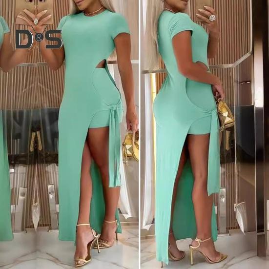 Women's Sexy Maxi Dress Set Short Sleeve Crew Neck Side Slit Bodycon Dress with Short Summer Wear Suit for Party Daily Clubs