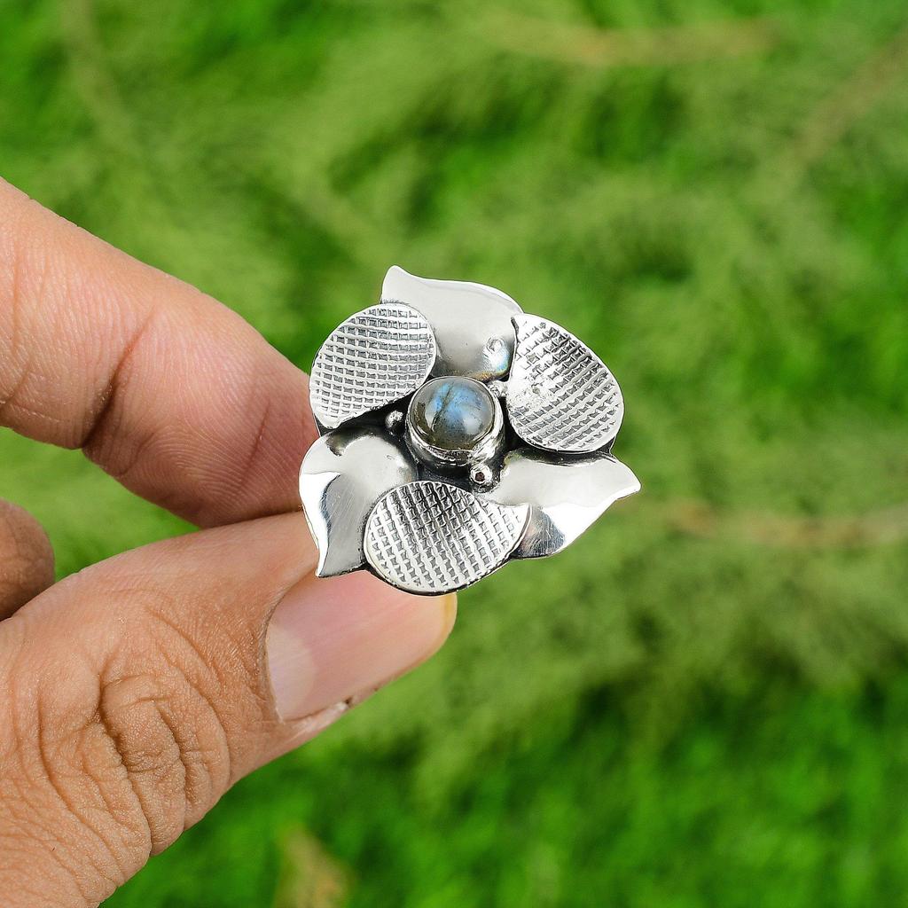 Gift For Her Natural Labradorite Multi Stone Flower Adjustable Ring 925 Silver