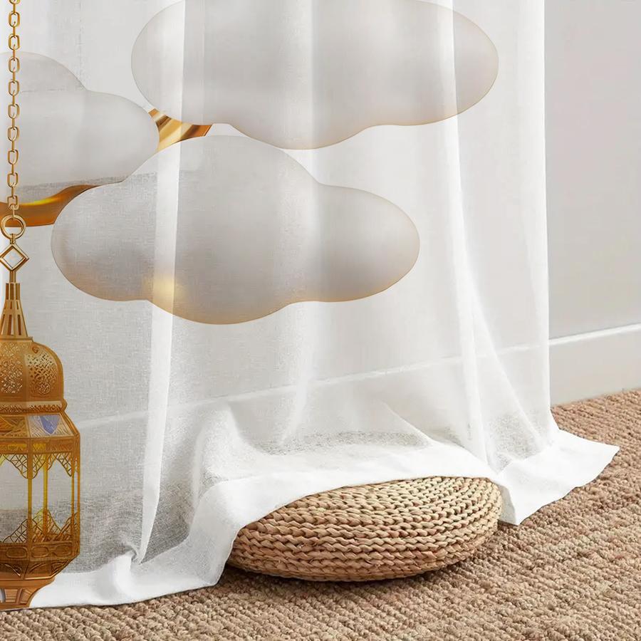 Single Panel White Background Gold Border Starry Moon Lantern Curtain Ramadan Festival Style Living Room Bedroom Translucent Polyester Ideal For