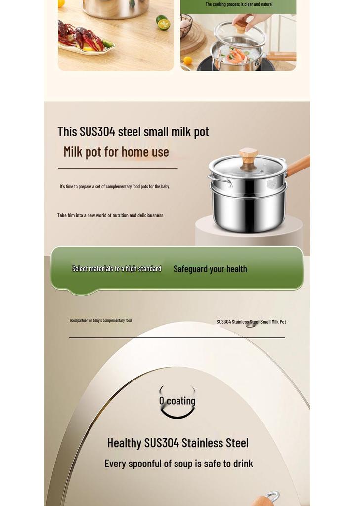 Olla de Cocina de Doble Capa de Acero Inoxidable 304 para Comida de Bebé, Cocción al Vapor, Sopa y Fideos - Sin Recubrimiento, Olla Pequeña Engrosada para Leche.