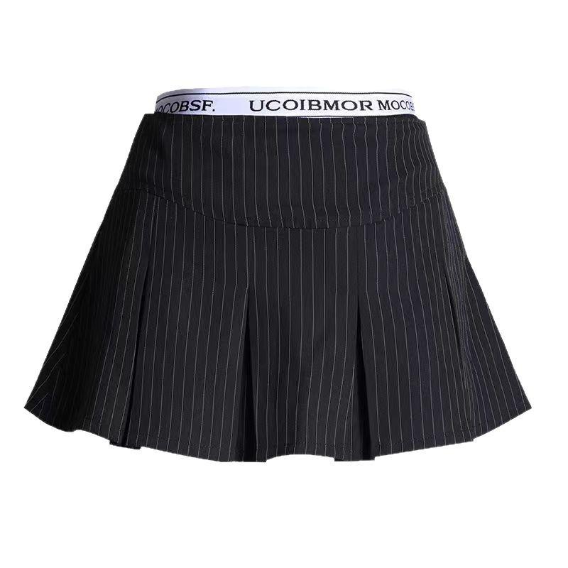 2025 Summer Preppy Black Pleated Mini Skirt with Elastic Waist, Two-Piece Look for Petite Figures