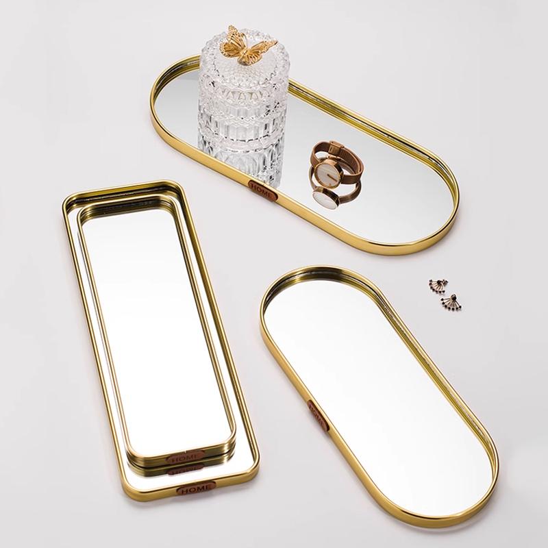 Nordic Gold Mirror Tray Light Luxury Home Jewelry Tray Rectangular Storage Tray Simple Table Decoration Ornaments Shooting Props