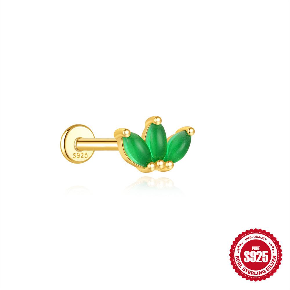 S925 Sterling Silver Green Fresh Retro Red Color Flat Head Stud Earrings Round Personality Versatile Earbone Stud Puncture