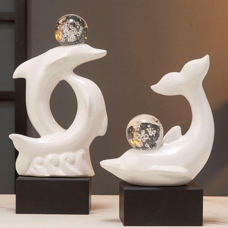 INS Luxury Ceramic Dolphin Figurine, Modern Decorative Ornament for Entryway, Living Room & Study Decor