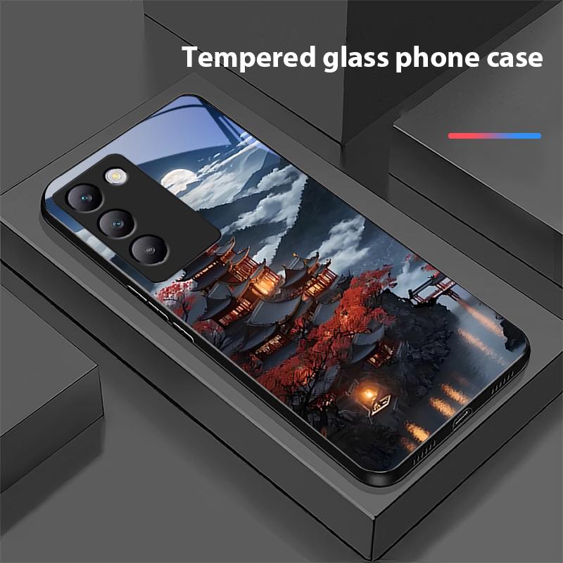 Gebäude im alten Stil für Y72 33S 11 03 36 96 Lite 35 16 Iqoo 12 V40 SE 5G 29 40 21 30 X80 Pro Vivo Handyhülle aus gehärtetem Glas Schwarz