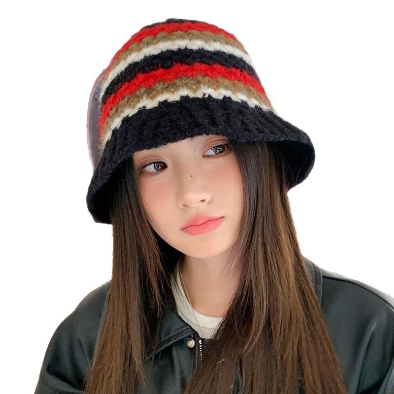 All Match Color Blocked Knitted Fisherman Hat Korean Outdoor Windproof and Warm Wool Hat Showing Face Small Basin Hat