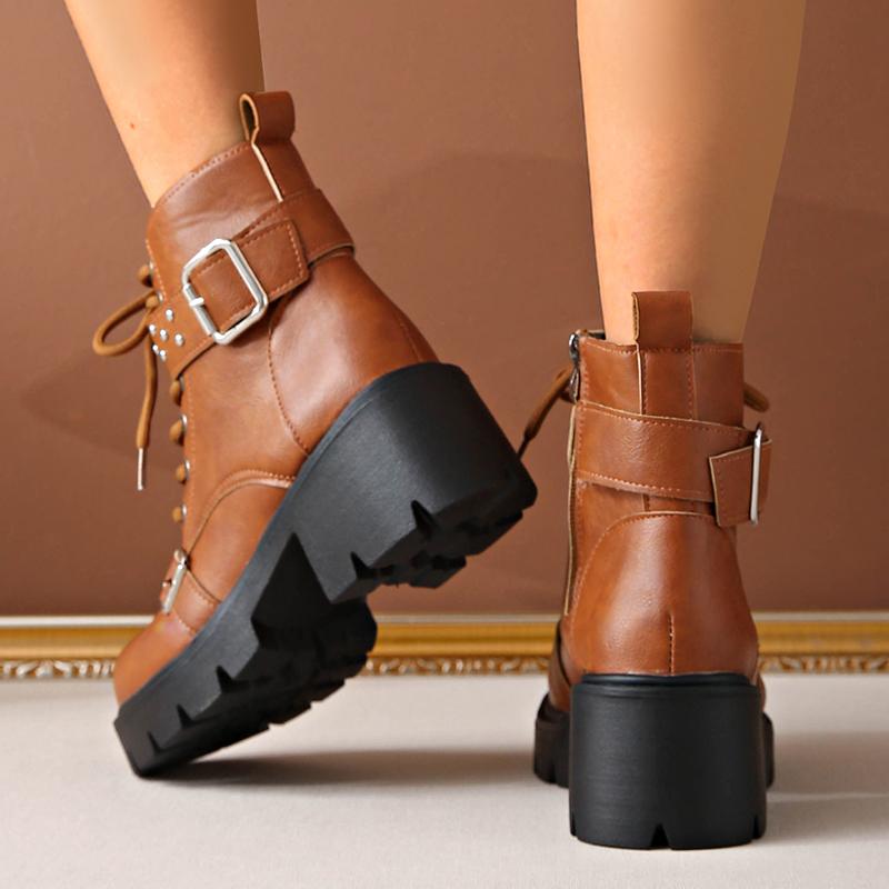 Fashion Punk Gothic Platform Ankle Boots for Women Chunky Heel Lace Up Black Combat Boots Women Buckle Strap Rivets Motorcycle Booties