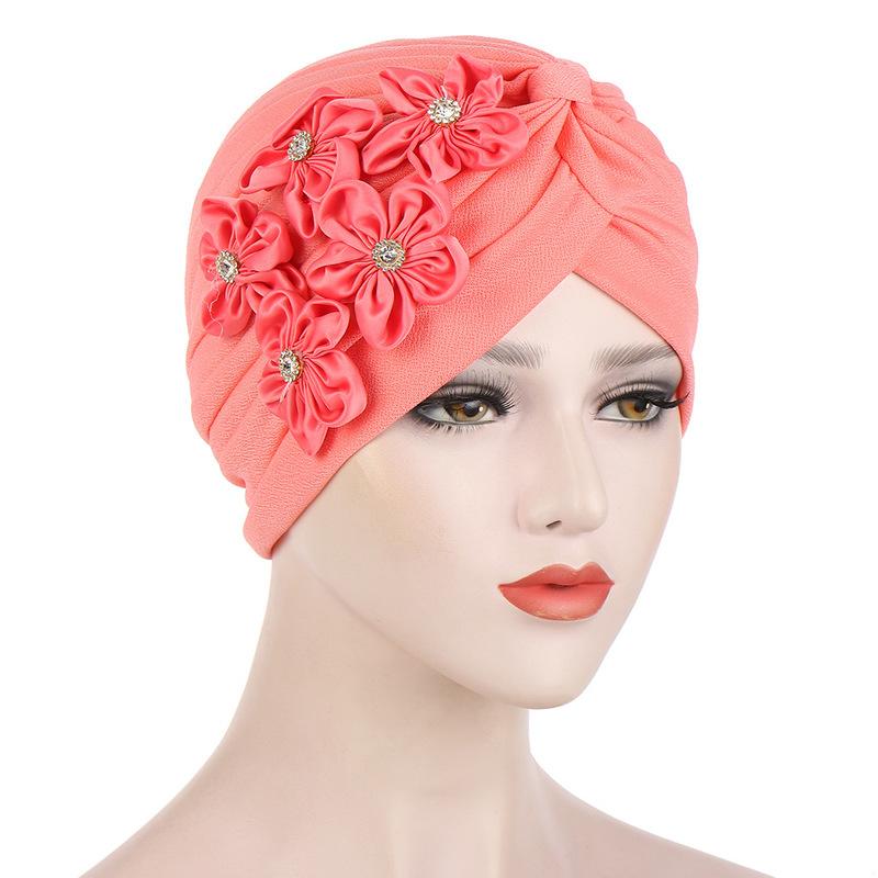 Women Flowers Ruffle Turban Caps Muslim Elastic Pearls Headscarf Bonnet Ladies Hair Accessories Indian Cap Turbante Mujer