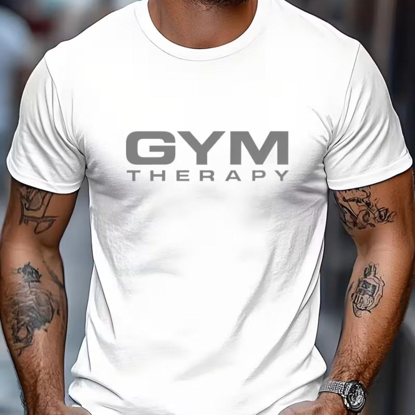 

Mens Cotton TShirt GYM THERAPY White Graphic Print Casual Athletic Fit Workout Gym Style Trendy Streetwear - Men s Summer Cot... S разноцветный