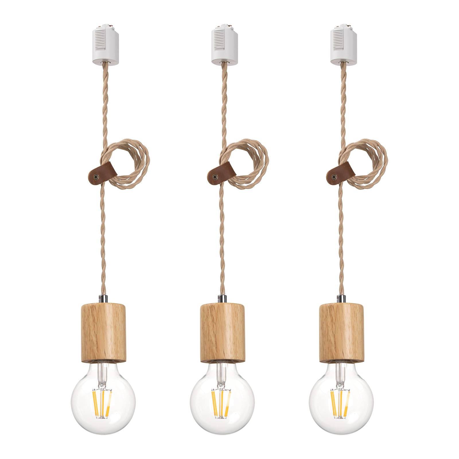 

Chiko Electric Natural Wood Pendant Light, E26 Bare Bulb, Natural Color, with Leather Cord Holder, No Installation Required (For Duct Rail Use, Bulbs