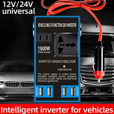 1500W Power Inverter DC 12V 24V To AC 110V 220V Car Converter With 4 USB Quick Charging Cigar Lighter Socket For Vehicle Home