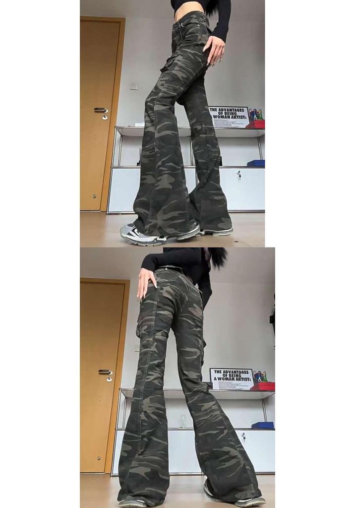 Women's High-Waisted Camo Flare Jeans - Retro Bell Bottoms for Spring & Autumn