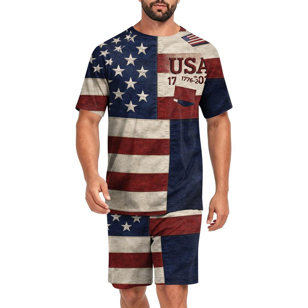 Men's Two Piece Sleepwear Set Short Sleeve Top and Shorts Lightweight Comfortable Soft Fabric Lounge Pajama Set for Summer Homewear