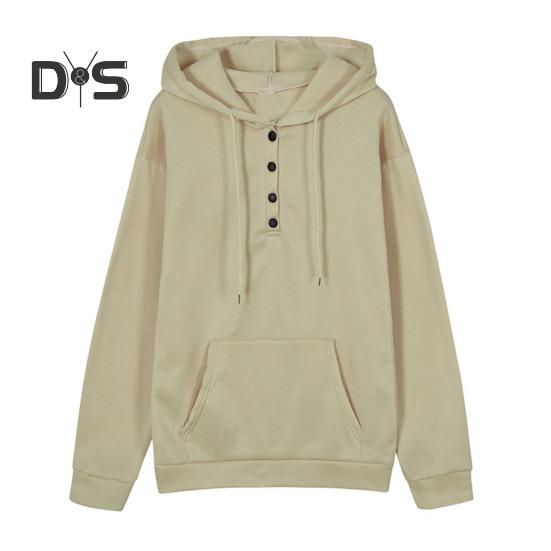 Kvinner Høst Vinter Hettegenser Langermet Løs Pullover Stor Lomme Knapp Dekor Snøring Uformell Myk Varm Hette Elastisk Mansjett Dame Hettegenser Topp