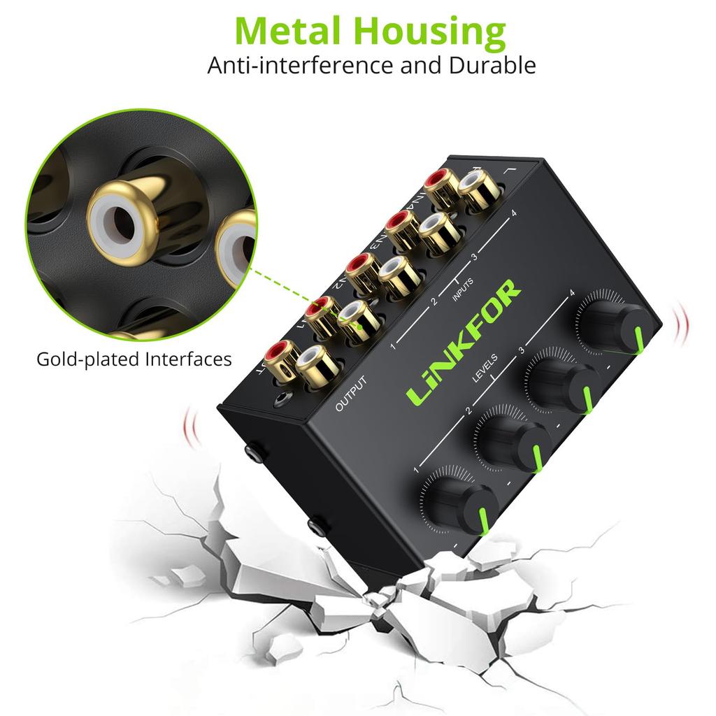 LiNKFOR Stereo Mini Mixer, RCA, 4-Channel Passive Mixer with Adjustable Volume, Metal Shell, Compatible with CD Players, Tape Players, Computers,
